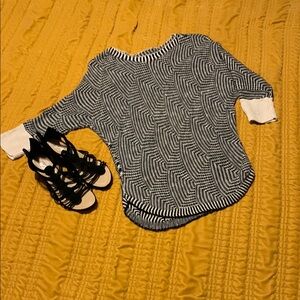 Black and White Patterned Sweater with Black Sandals